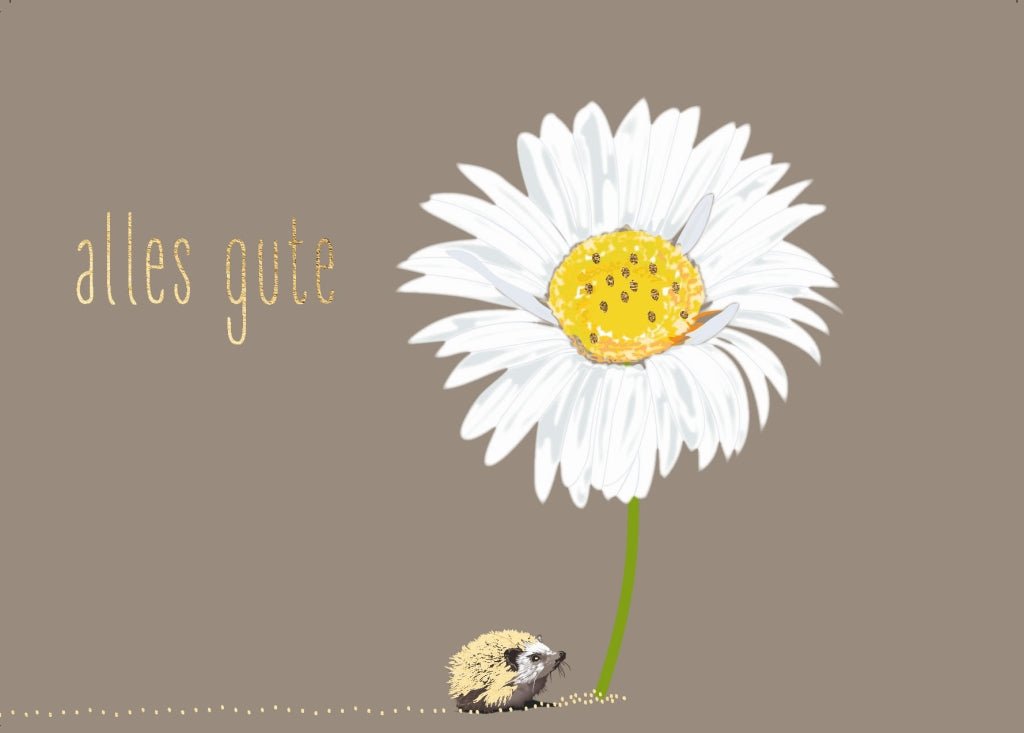 Geburtstags - Postkarte: Fröhlicher Igel mit Margerite - Niedliche für Alles Gute, Naturillustration in Braun & Grün