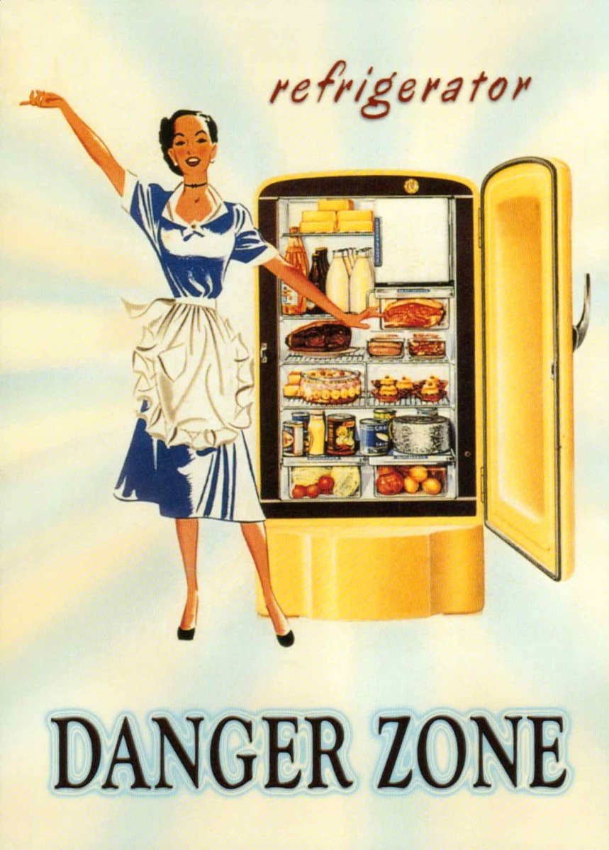 Geburtstags - Postkarte Lustig Retro - Stil | 50er Jahre Frau am Kühlschrank | Vintage Humor Illustration | Gefahrzone Essen