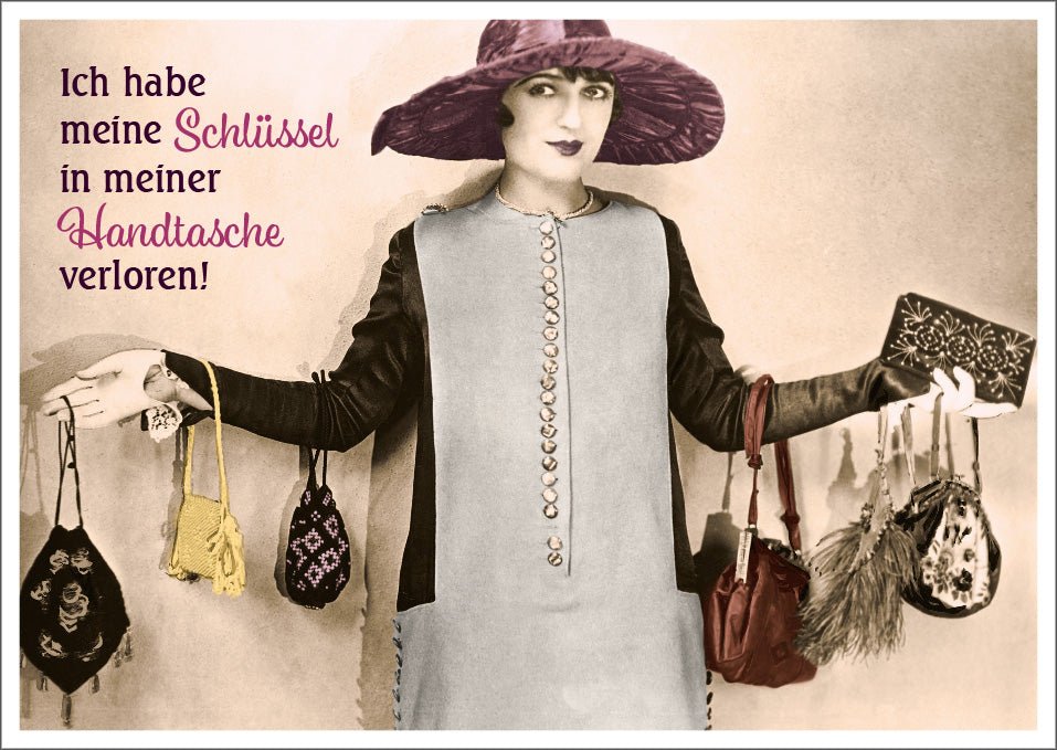 Geburtstags - Postkarte Lustig Vintage - Retro Humor Frau mit Hut & Handtasche, Schlüssel Verloren Spruch