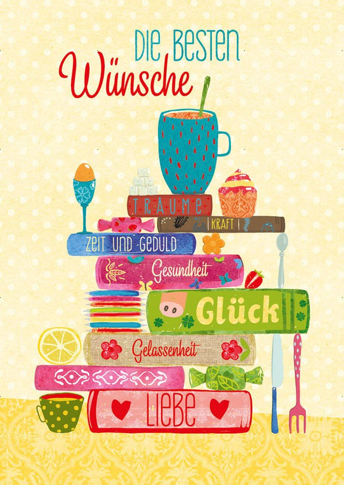 Geburtstags - Postkarte mit Bücherstapel - Motiv: Glück & Liebe, Folienprägung, Bunte Illustration im Retro - Stil, Inspirierender Schriftzug