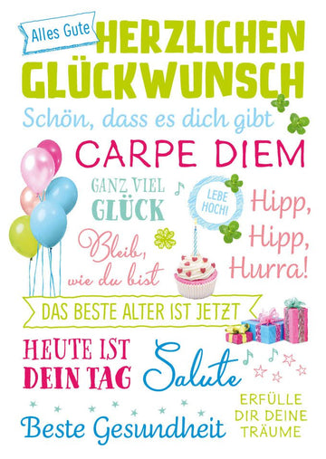 Geburtstags - Postkarte mit Buntem Design: Herzlichen Glückwunsch, Ballons, Kuchen & Kerzen Motiv, Dekorative Schriftarten