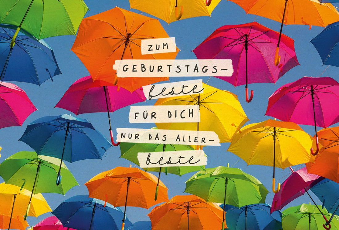 Geburtstags - Postkarte mit bunten Regenschirmen – Farbenfrohe Glückwünsche, Recycling - Papier, Umweltfreundlich, Feierlicher Geburtstagsgruß