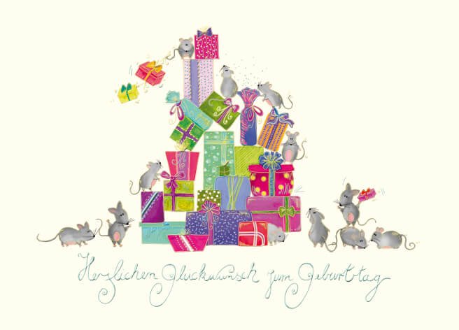 Geburtstags - Postkarte mit fröhlichen Mäusen – Bunte Glückwunschkarte, Spaß & Freude Illustration, Ideal für Geschenke & Feiern