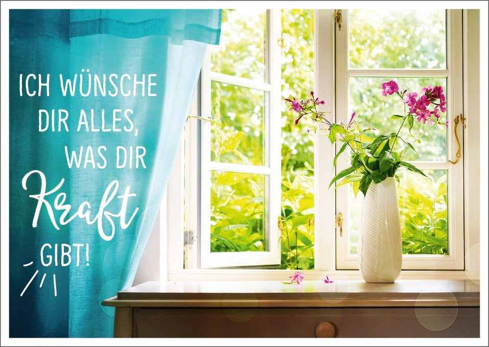 Geburtstags - Postkarte mit Lebensweisheiten, Fenster & Blumenmotiv - Kraftvolle Wünsche, Heller Farbdruck, Zimmerpflanzen - Fensterblick