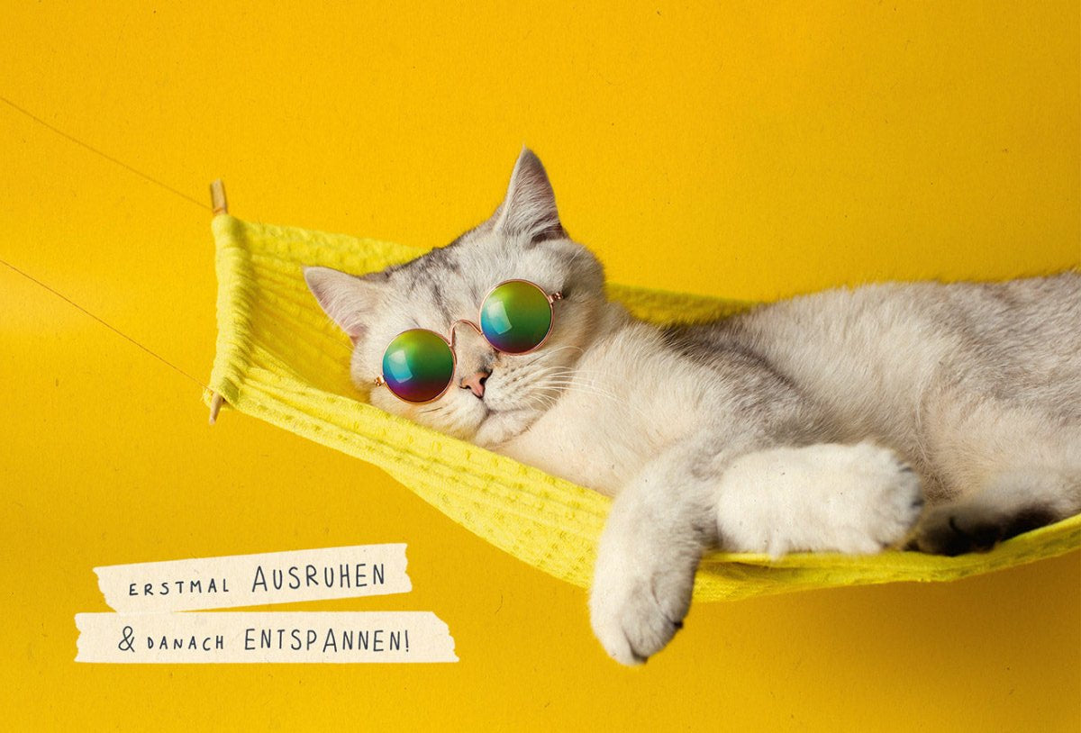 Geburtstags - Postkarte mit Spruch – Entspannte Katze in Sonnenbrille, Hängematte - Motiv auf Gelbem Zuckerrohrpapier – Sommer Relax & Chill Humor
