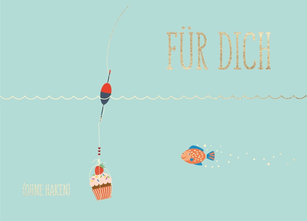 Geburtstags - Postkarte mit Spruch: Witzige Angel & Fisch Illustration, Cupcake - Motiv, Humorvolle für Liebe und Freundschaft, Hellblau Meerestiere Design – Entspannung & Spaß Garantiert