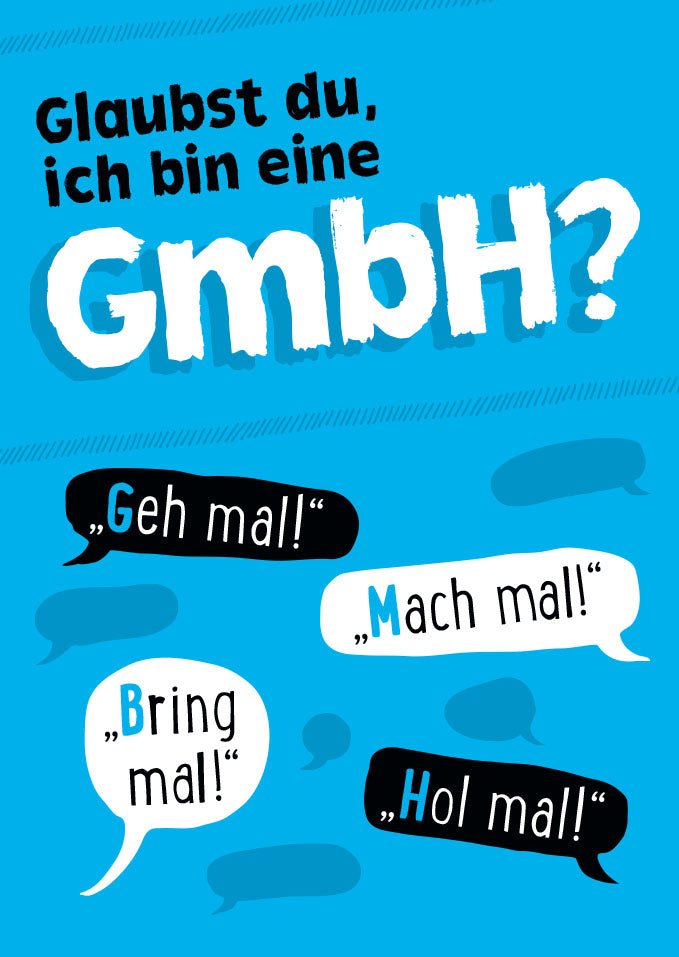 Geburtstags - Postkarte mit Witz: Humorvolle Sprüche & Ironie - Blau/Weiß, Text in Sprechblasen - Lustiges Geschenk für Freelancer