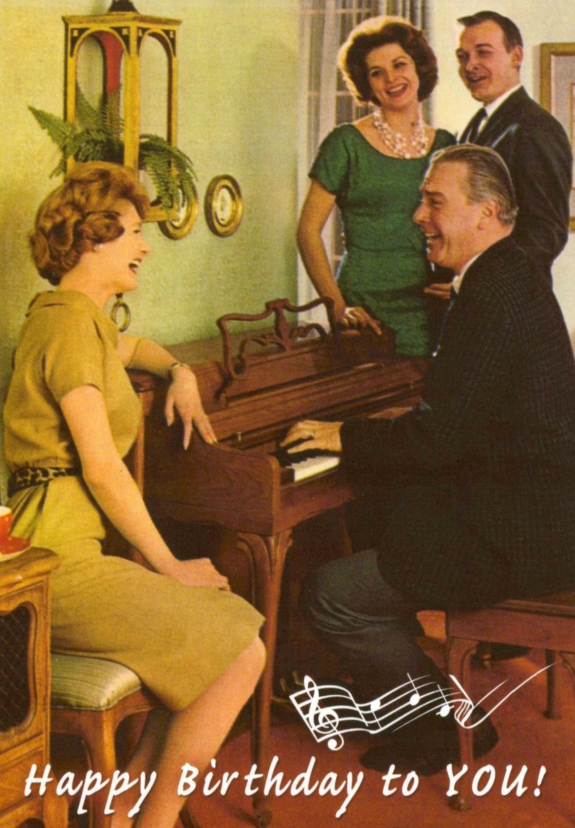 Geburtstags - Postkarte Retro Klaviermotiv – Vintage Musik Glückwunschkarte für Familie, Nostalgische Feierkarte
