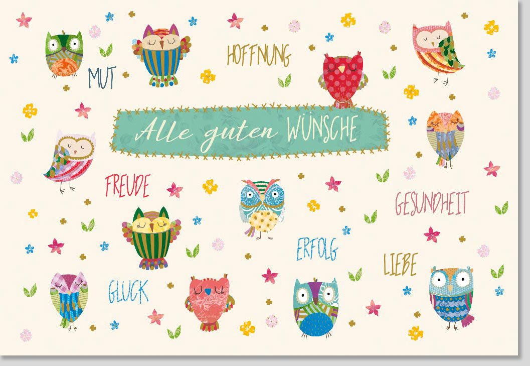 Geburtstags - und Jubiläums - Doppelkarte mit Eulenmotiv – Hochwertige Grußkarte für Alle Anlässe, Glückwünsche voller Liebe und Freude, Farbenfroh für Familie, Freunde, Erwachsene und Kinder