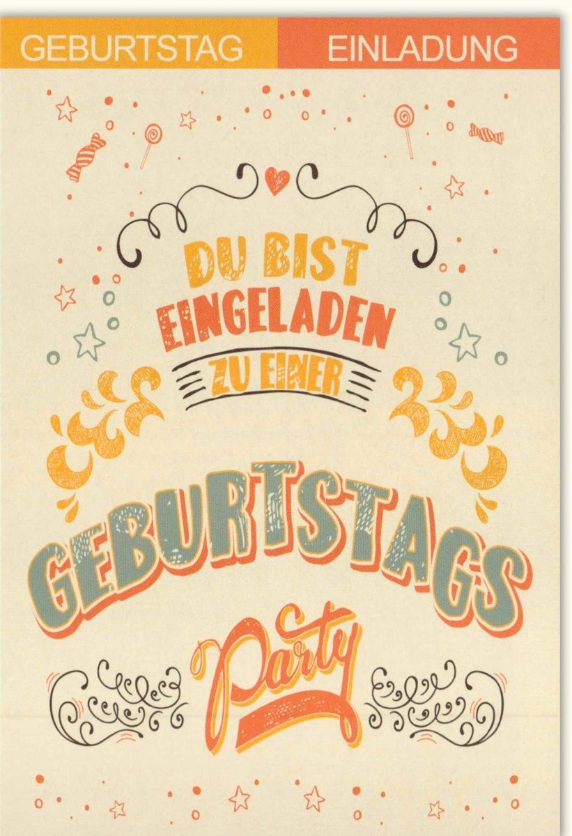 Geburtstagseinladung Doppelkarte im Vintage Retro Design – Handgezeichnete Feier Illustration, Dekorative Schreibschrift, Buntpapier Papeterie für Geburtstagsparty Celebration