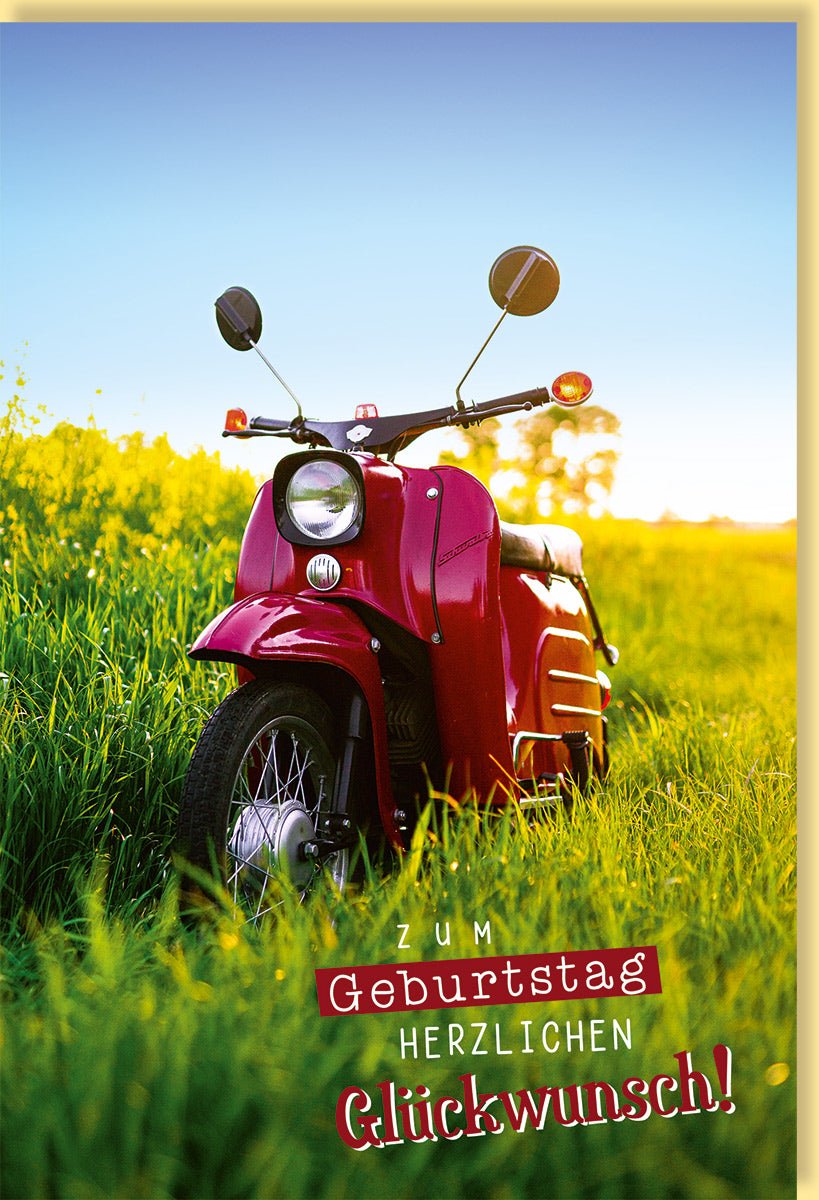 Geburtstagskarte 16 Jahre mit rotem Motorroller auf grüner Wiese und blauem Himmel Text Zum Geburtstag Herzlichen Glückwunsch ideal für Teenager Jungen und Mädchen mit Umschlag
