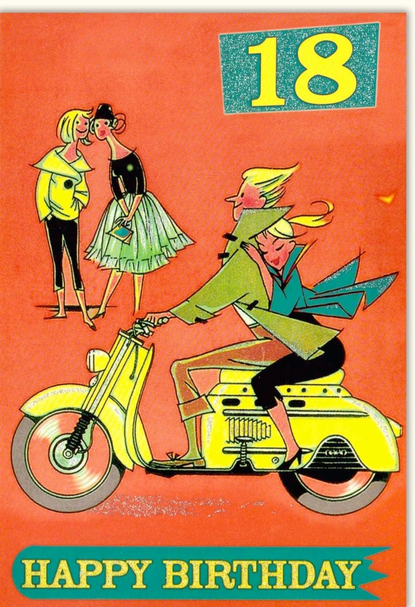 Geburtstagskarte 18. Geburtstag - Vintage Roller Design für Mann & Frau, Farbenfrohe Glückwunschkarte zum Achtzehnten, Happy Birthday Partyeinladung, Retro Scooter Motiv, Spaß & Erwachsenwerden Feier