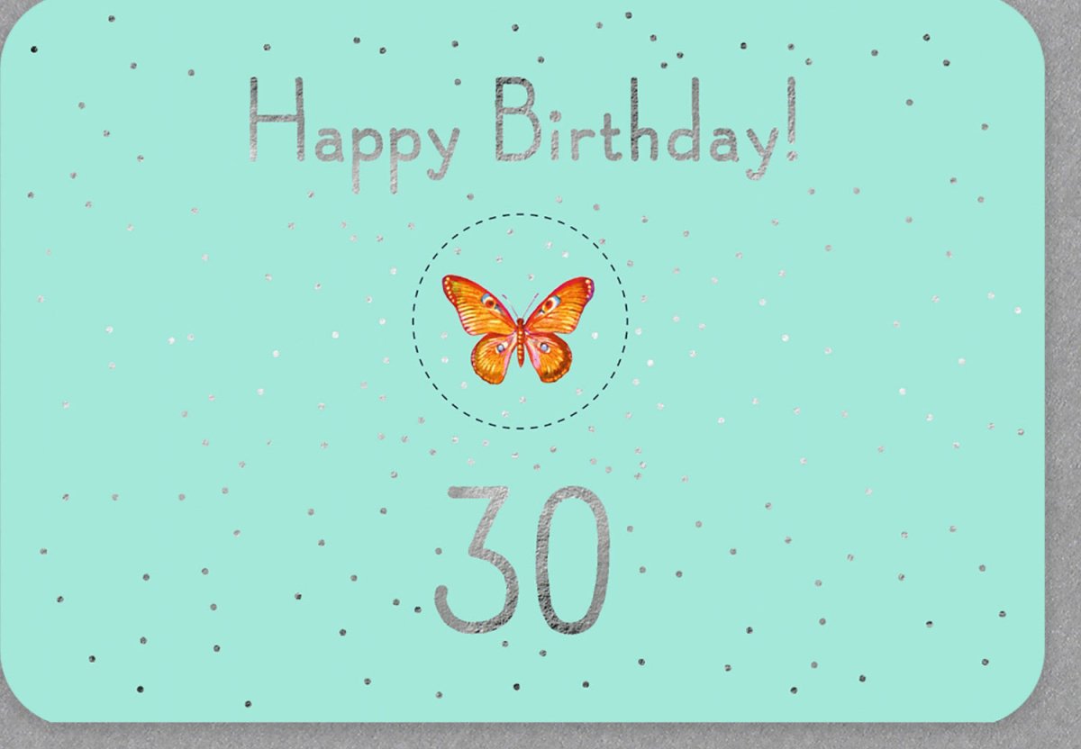 Geburtstagskarte 30. Jubiläum - Moderne Glitzer Schmetterling Design Grußkarte für den Dreißigsten mit stilvoller Party Einladung & Deko