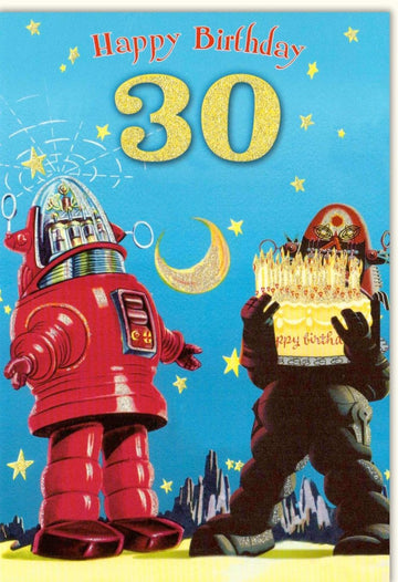 Geburtstagskarte 30. Jubiläum - Weltraum - Astronaut mit Glitzersternen & Mond, Rakete Motiv, Bunte Happy Birthday Doppelkarte, Kreatives & Originelles Geschenk mit Spaßfaktor, Partydekoration