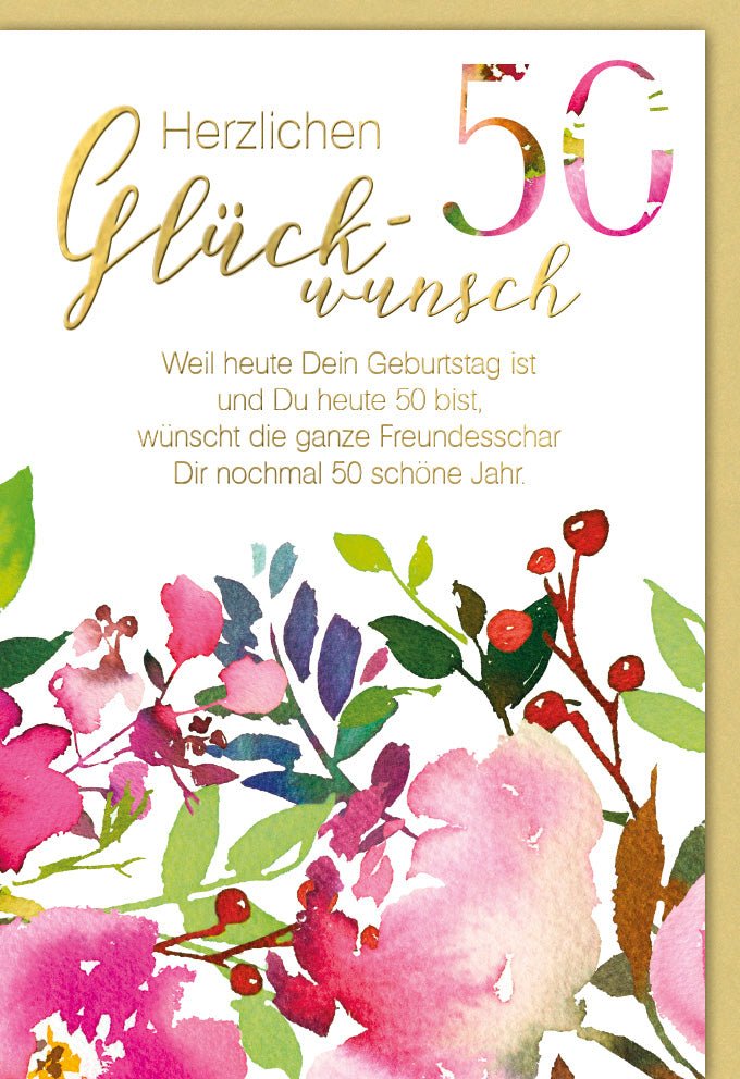 Geburtstagskarte 50. Jubiläum - Aquarell Blumen Glückwunsch, Feierliche Gratulation zum Fünfzigsten Geburtstag
