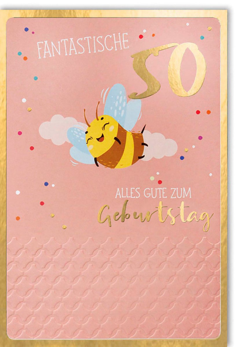 Geburtstagskarte 50. Jubiläum - Bienen & Luftballons Design, Goldprägung, Rosa, Festlich, Humorvolle Glückwünsche & Spaß