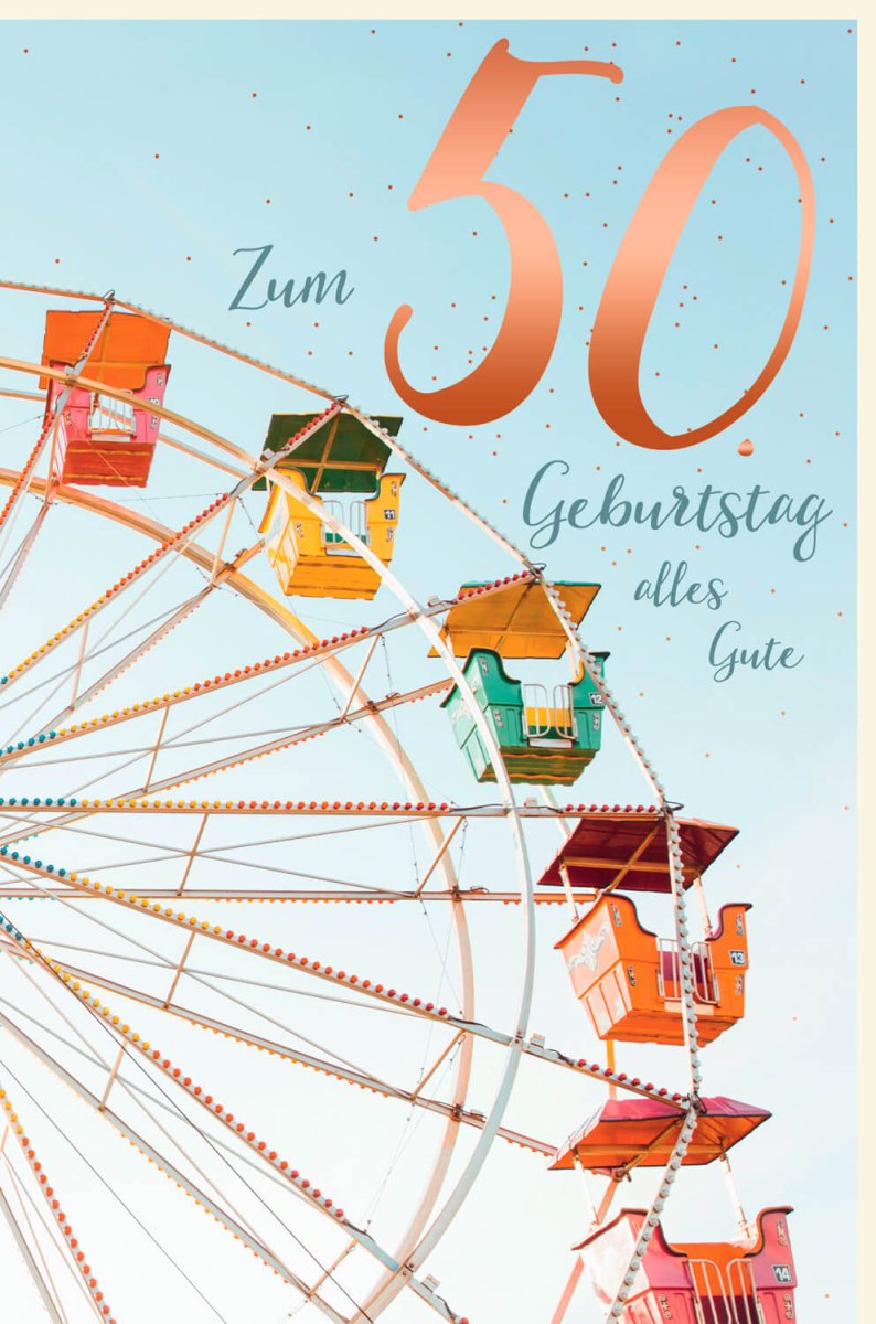 Geburtstagskarte 50. Jubiläum – Bunte Riesenrad - Motiv Doppelkarte mit Glückwünschen & Zahlen für Erwachsene, Festliche Gratulation zum Fünfzigsten