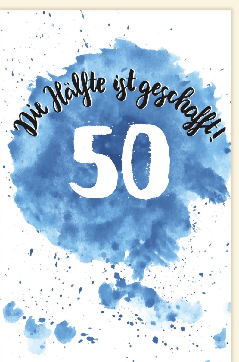 Geburtstagskarte 50. Jubiläum: Elegante Doppelkarte im Aquarell - Design, Blau & Weiß, Moderne Glückwunschkarte zur Halbzeit - Fünfzig Feierlichkeit