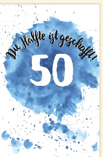 Geburtstagskarte 50. Jubiläum: Elegante Doppelkarte im Aquarell - Design, Blau & Weiß, Moderne Glückwunschkarte zur Halbzeit - Fünfzig Feierlichkeit