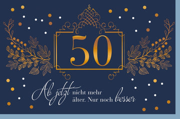 Geburtstagskarte 50. Jubiläum - Elegante Glückwunschkarte in Gold & Blau, Vintage - Stilvolle Deko, Feier des Lebens & Optimismus