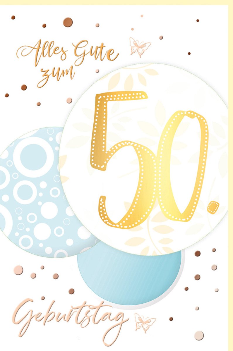 Geburtstagskarte 50. Jubiläum - Elegante Glückwunschkarte mit Goldfolie, Runde Zahlengeburtstag Dekoration, Konfetti & Schmetterlinge Design, Festliche Schriftkarte für den 50. Geburtstag mit Kugel Motiv
