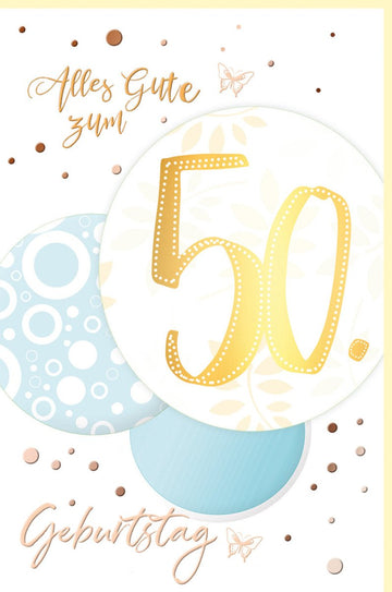 Geburtstagskarte 50. Jubiläum - Elegante Glückwunschkarte mit Goldfolie, Runde Zahlengeburtstag Dekoration, Konfetti & Schmetterlinge Design, Festliche Schriftkarte für den 50. Geburtstag mit Kugel Motiv