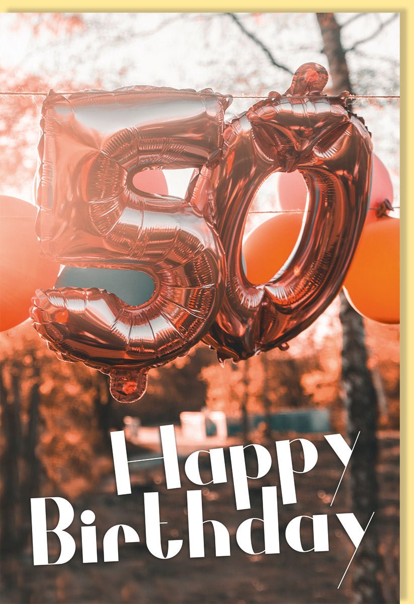 Geburtstagskarte 50. Jubiläum: Feierliche Doppelkarte mit Luftballons, Glückwunsch zum Fünfzigsten, Goldene Zahl & Heliumballon - Dekoration