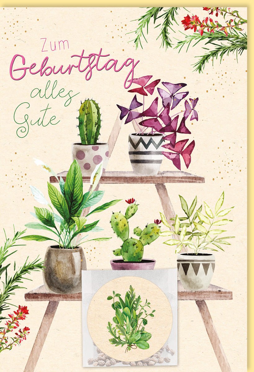 Geburtstagskarte 55 mit Pflanzenmotiven und Schriftzug Zum Geburtstag alles Gute auf der Vorderseite Aquarellstil mit Umschlag