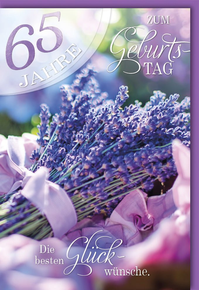 Geburtstagskarte 65. Jubiläum - Eleganter Lavendel Blumenstrauß, Lila Deko & Schriftzug für Glückwünsche & Feierlichkeit