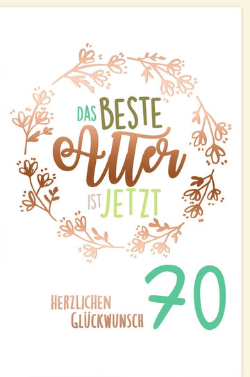 Geburtstagskarte 70 Jahre Jubiläum - Festliche Glückwunschkarte im Vintage Design mit Blumen, Eleganter Schriftzug & Verzierung