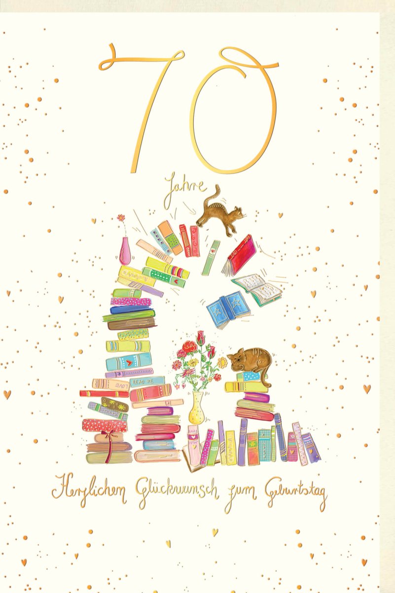 Geburtstagskarte 70. Jubiläum - Elegante Doppelkarte mit Golddekor, Buch & Blumen Vintage Design für Festliche Feierlichkeiten
