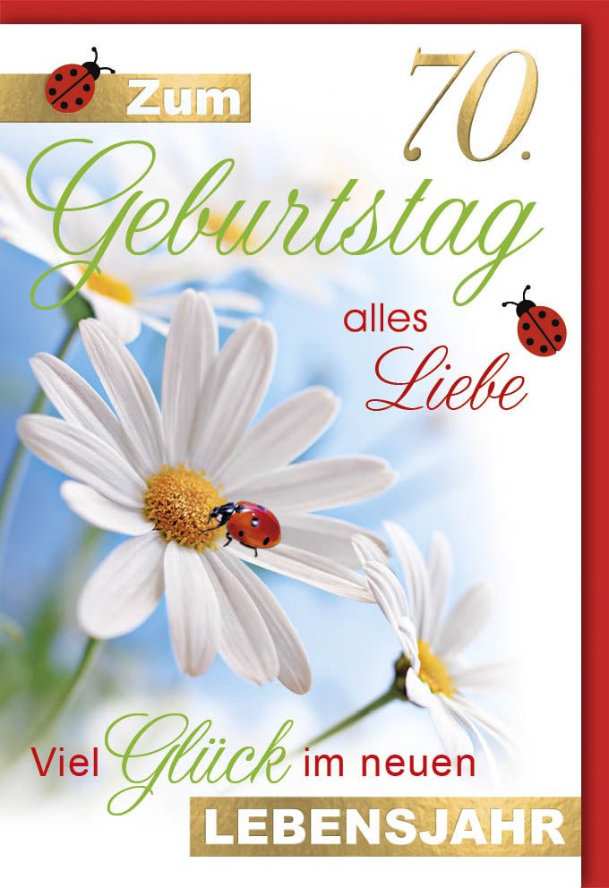 Geburtstagskarte 70. Jubiläum - Elegante Doppelkarte mit Goldfolie, Glückwünsche zum Siebzigsten, Liebevolle Grußkarte für Senioren, Naturmotiv mit Blumen & Marienkäfer in Grün, Weiß & Rot