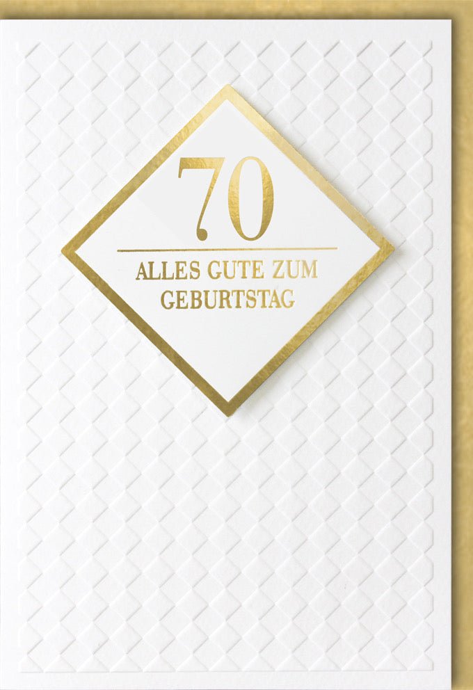Geburtstagskarte 70. Jubiläum - Elegante Glückwunsch Doppelkarte in Gold & Weiß mit Zahlenmotiv, Schlichte Gratulation zum Siebzigsten