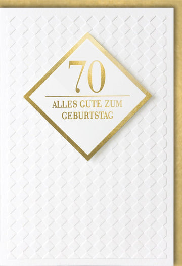 Geburtstagskarte 70. Jubiläum - Elegante Glückwunsch Doppelkarte in Gold & Weiß mit Zahlenmotiv, Schlichte Gratulation zum Siebzigsten