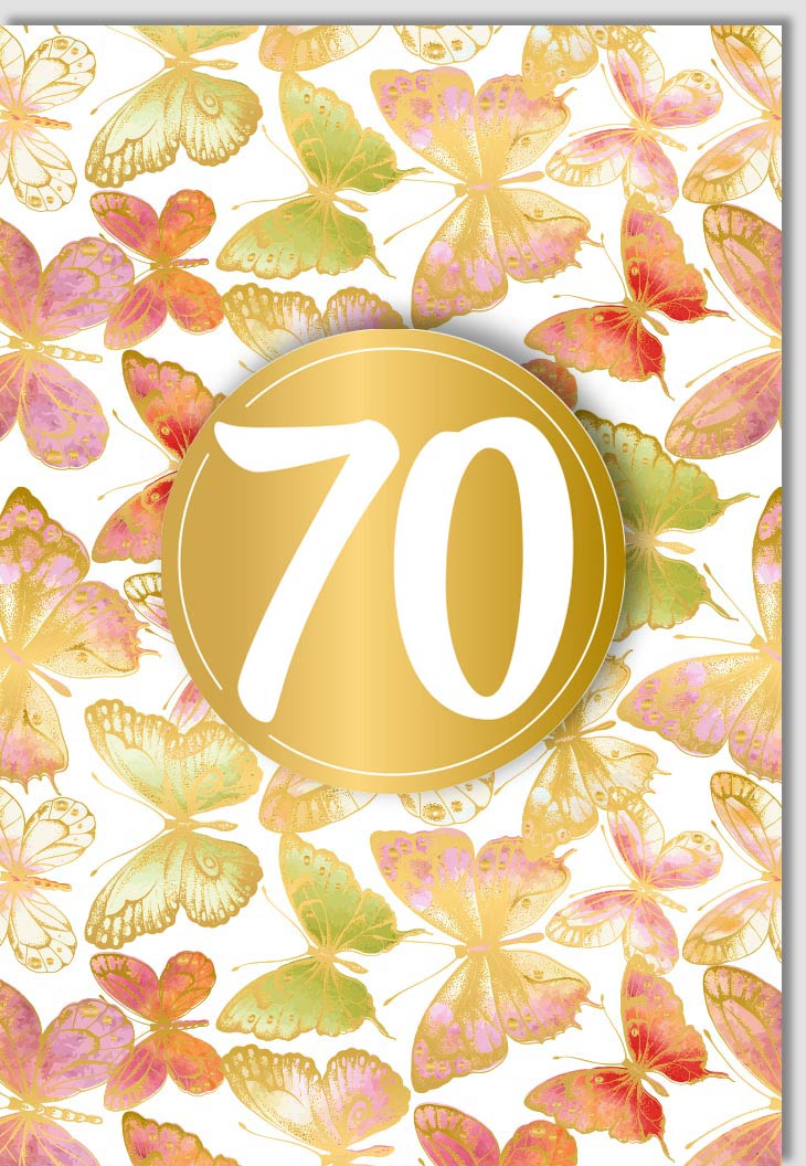 Geburtstagskarte 70. Jubiläum - Elegante Glückwunschkarte mit Schmetterlingen und Applikation, Festliche Dekoration in Gold & Beige, Edle Einladung zum Siebzigsten für Senioren, Gratulationskarte
