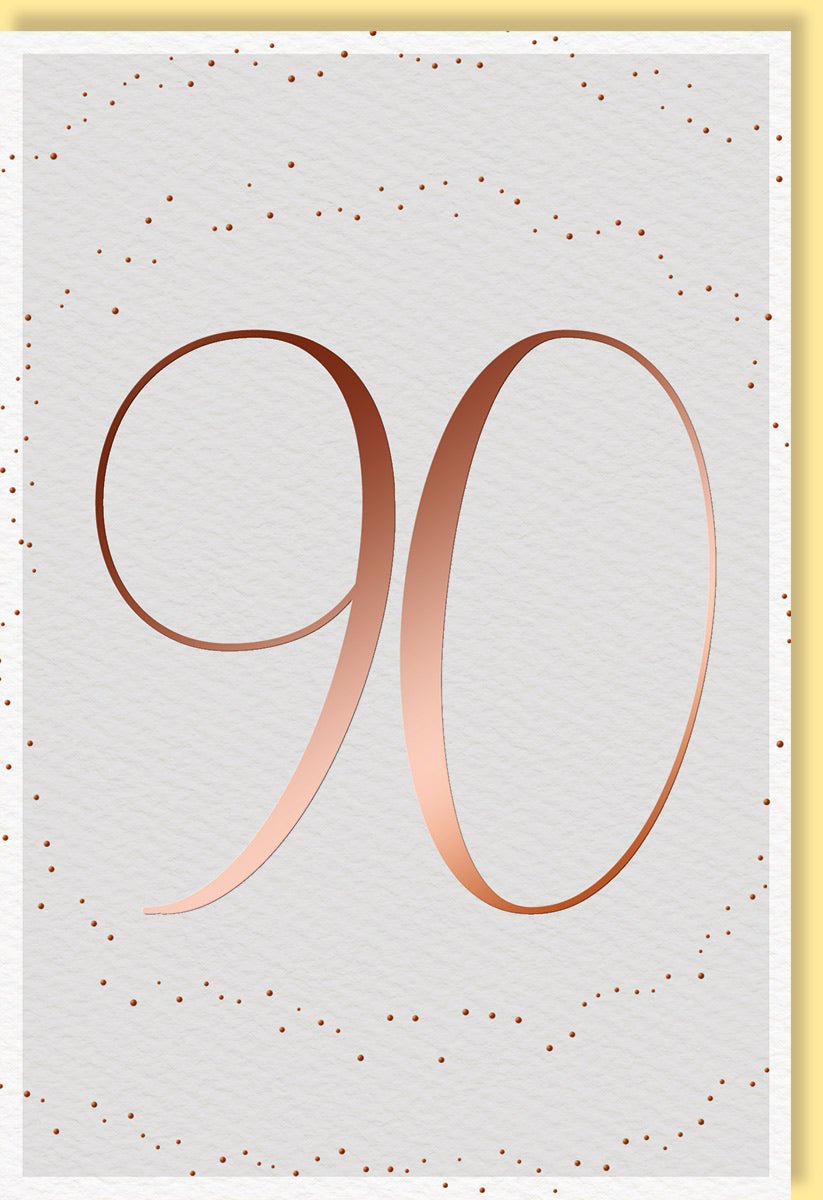 Geburtstagskarte 75 Doppelkarte mit Zahl 90 in Kupfer auf weißem Hintergrund mit goldenen Punkten und hochwertigem Papier ideal für besondere Anlässe wie runde Geburtstage mit Umschlag
