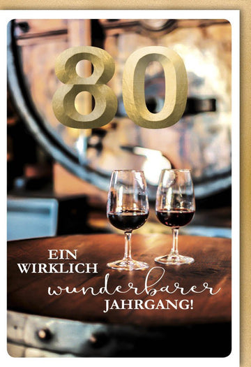 Geburtstagskarte 80. Jahrgang - Elegante Doppelkarte mit Rotweingläsern, Goldene Zahlen & Vintage Hintergrund, Festliche Jubiläums Glückwunschkarte, Hochwertiges Design für Weinliebhaber, Einladung zur Achtzigsten Feier