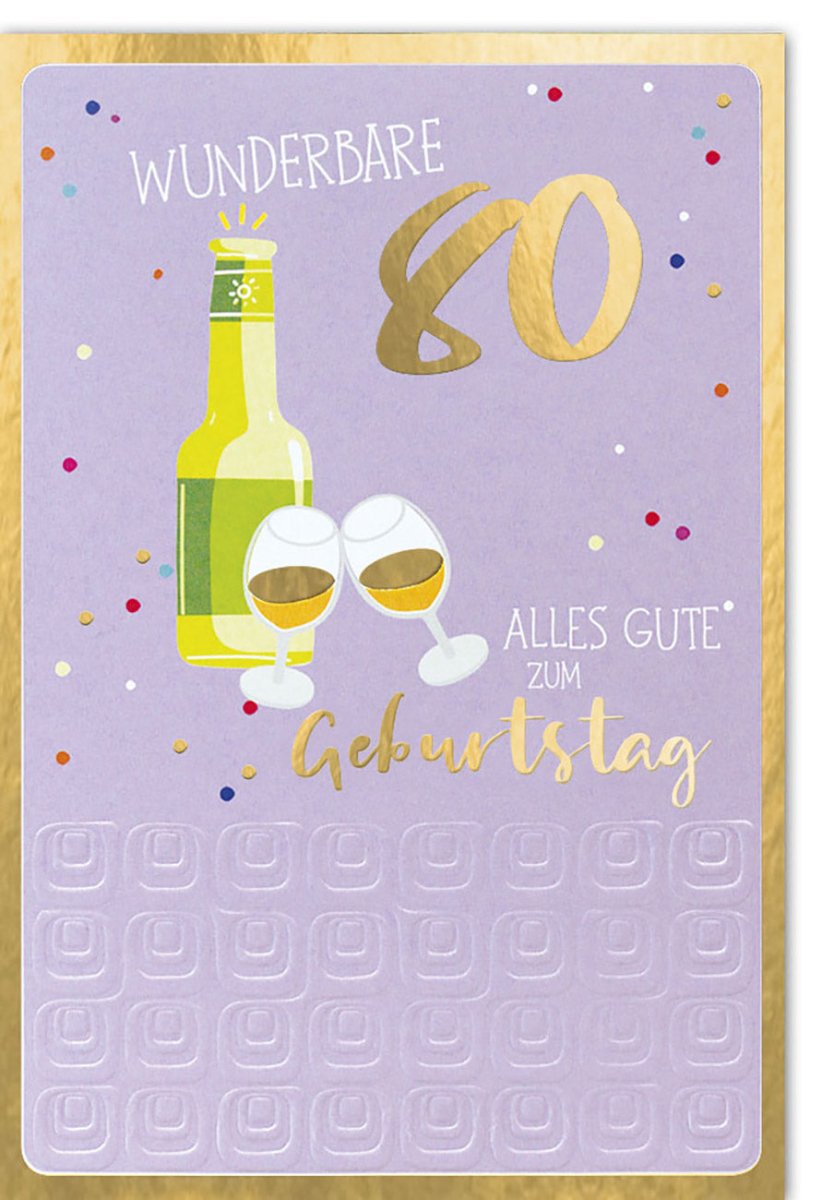 Geburtstagskarte 80. Jubiläum - Elegante Doppelkarte mit Sektgläsern, Gold & Lila Konfetti für Festliche Glückwünsche