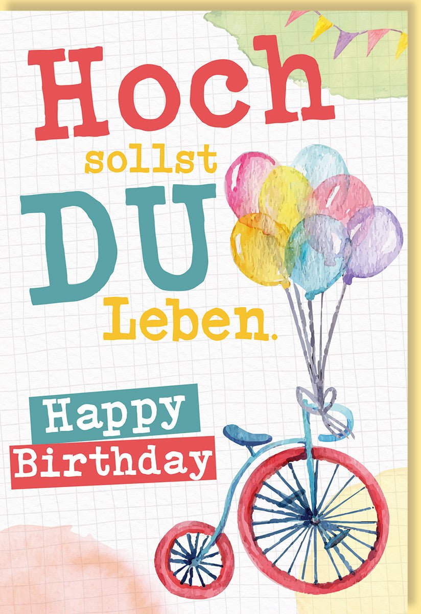 Geburtstagskarte 85 Hoch sollst du leben Happy Birthday bunte Luftballons Fahrrad farbenfrohes Design ideal für Geburtstagsfeiern und besondere Anlässe mit Umschlag