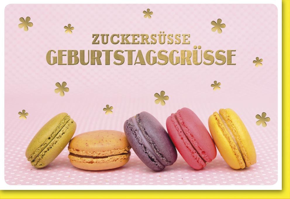 Geburtstagskarte 90 Jahre Zucker süße Geburtstagsgrüße mit bunten Macarons und goldenen Blumen auf rosa Hintergrund Klappkarte für Frauen und Männer mit Umschlag