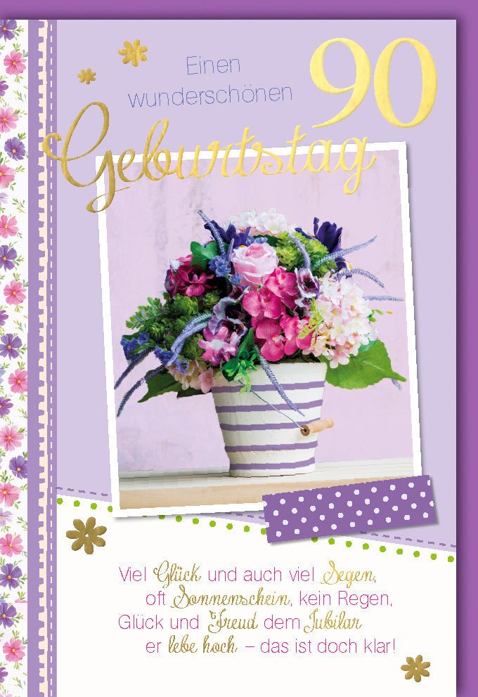 Geburtstagskarte 90. Jubiläum - Elegante Glückwunschkarte mit Segen, Blumenstrauß - Motiv, Lila & Gold Deko, Festlicher Schriftzug