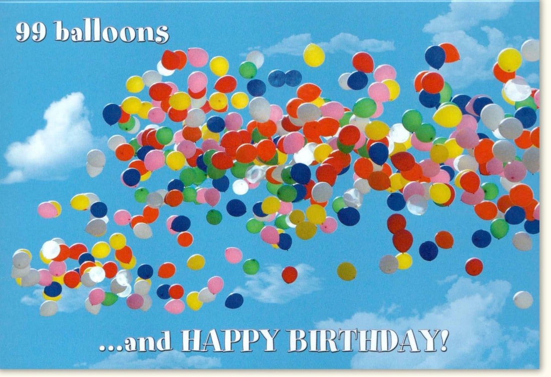 Geburtstagskarte "99 Balloons" - Farbenfroher Glückwunsch mit bunten Luftballons, Happy Birthday Doppelkarte in Englisch, Feierlicher Geburtstagsgruß zur Gratulation, Festliche Grußkarte