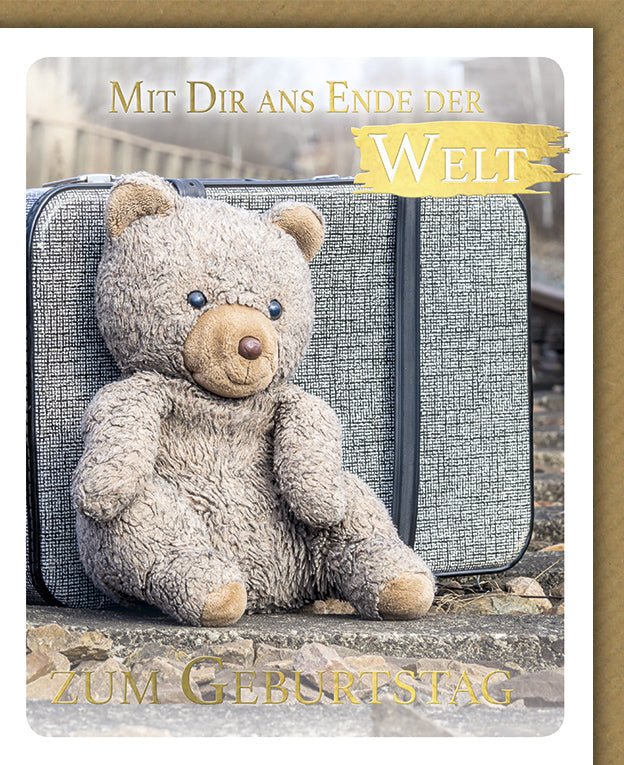 Geburtstagskarte "Abenteuer Teddy" - Vintage Glückwunsch mit Plüschtier & Koffer, Liebevolle Nostalgie - Doppelkarte