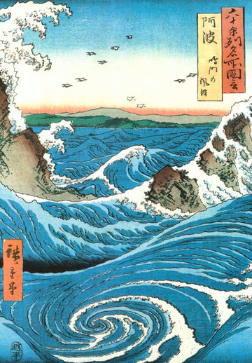 Geburtstagskarte - Ando Hiroshige Kunst Postkarte, Ukiyo - E Wellen Meer, Japanisch Traditionell, Blau Grün Vögel Schaum Wirbel, Blanko Sammlerstück Vintage Reprodruck, Einzigartiges Geschenk