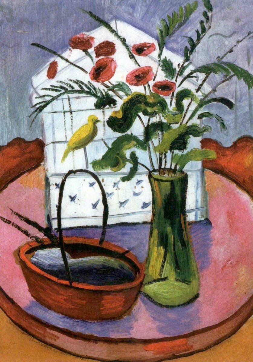 Geburtstagskarte - August Macke Kunst Postkarte "Vogelkäfig und Blumen", Stilleben Expressionismus, Farbenfrohes Kunstwerk, Blanko Vintage Sammlerstück zur Dekoration