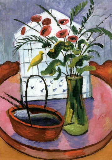 Geburtstagskarte - August Macke Kunst Postkarte "Vogelkäfig und Blumen", Stilleben Expressionismus, Farbenfrohes Kunstwerk, Blanko Vintage Sammlerstück zur Dekoration