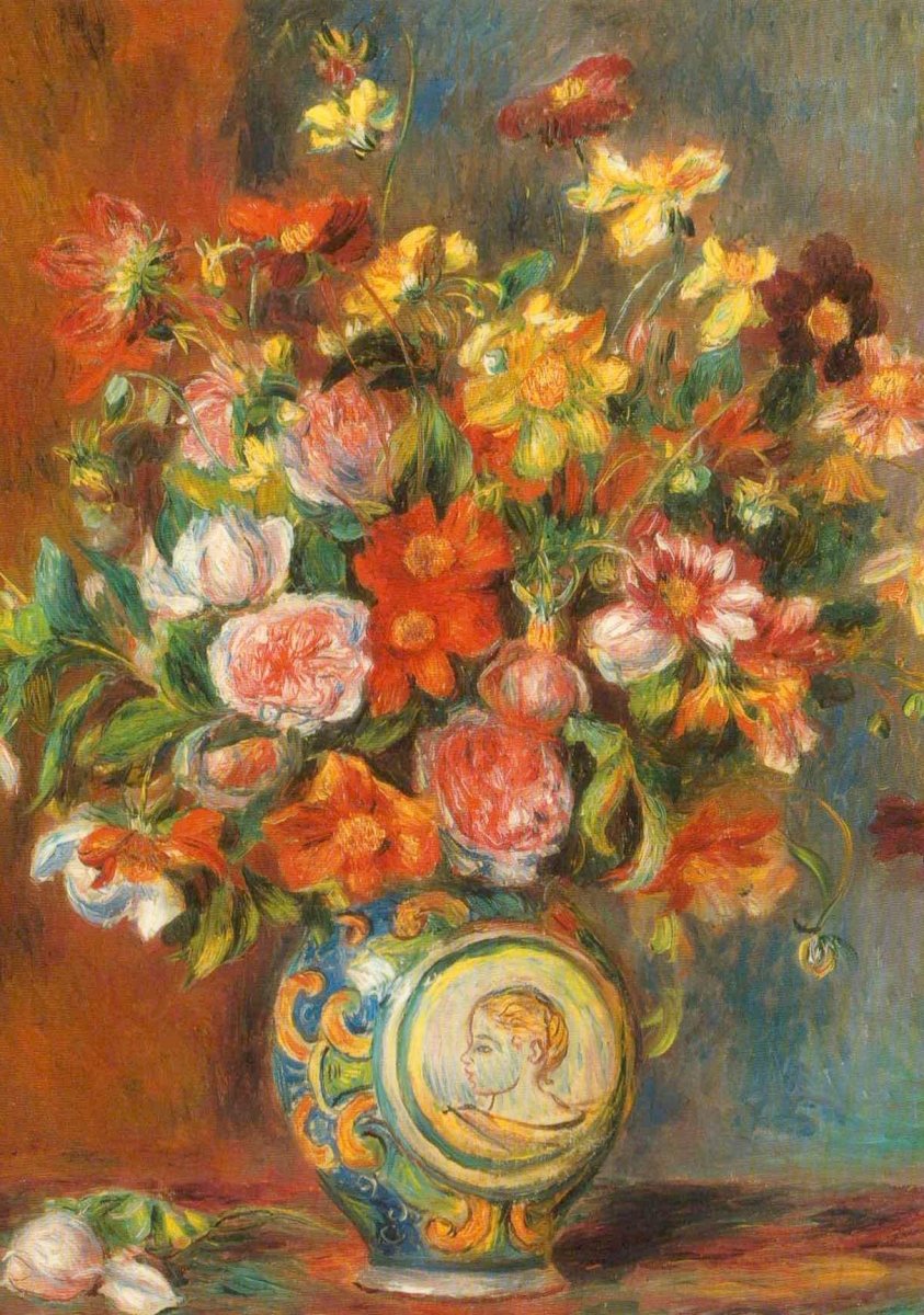 Geburtstagskarte - Auguste Renoir Blumenstrauß Kunst Postkarte, Impressionismus Gemälde Kunstdruck, Farbenfrohe Blanko Grußkarte mit Vase, Dekoratives Sammelobjekt im Vintage - Stil, Hochwertige Museum Qualität, Ideales Geschenk für Kunstliebhaber