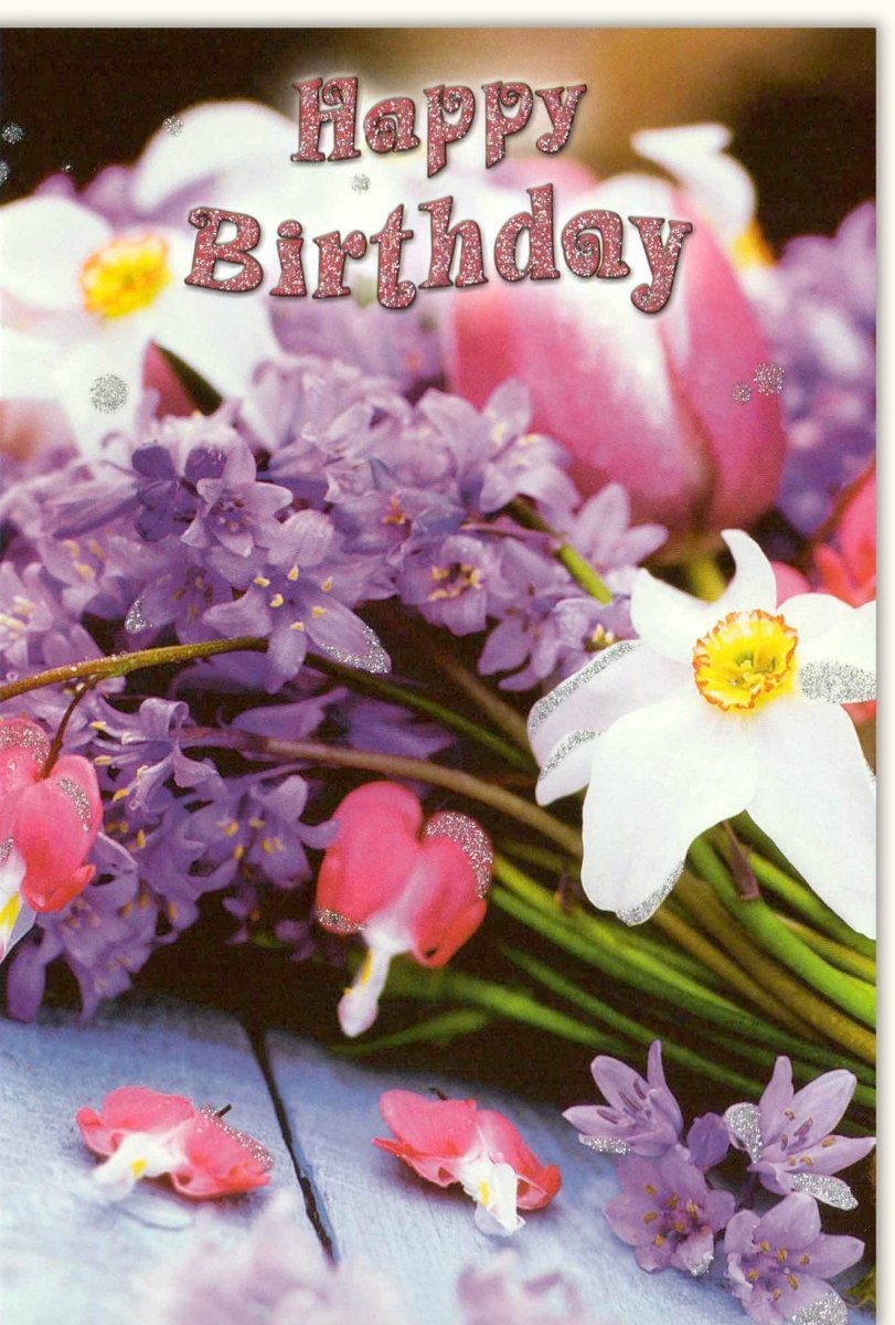 Geburtstagskarte Blumenstrauß - Elegante Doppelkarte Happy Birthday in Lila, Weiß & Rosa mit Glitzer, Floral Design Grußkarte für Geburtstag, Festlichkeit & Glückwunsch, Hochwertige Schreibwaren Papeterie