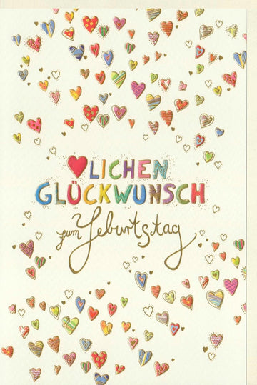 Geburtstagskarte – Bunte Herzen & Abstraktes Design, Glückwunschkarte für Jubiläum & Liebe, Feierliche Gratulations - Doppelkarte