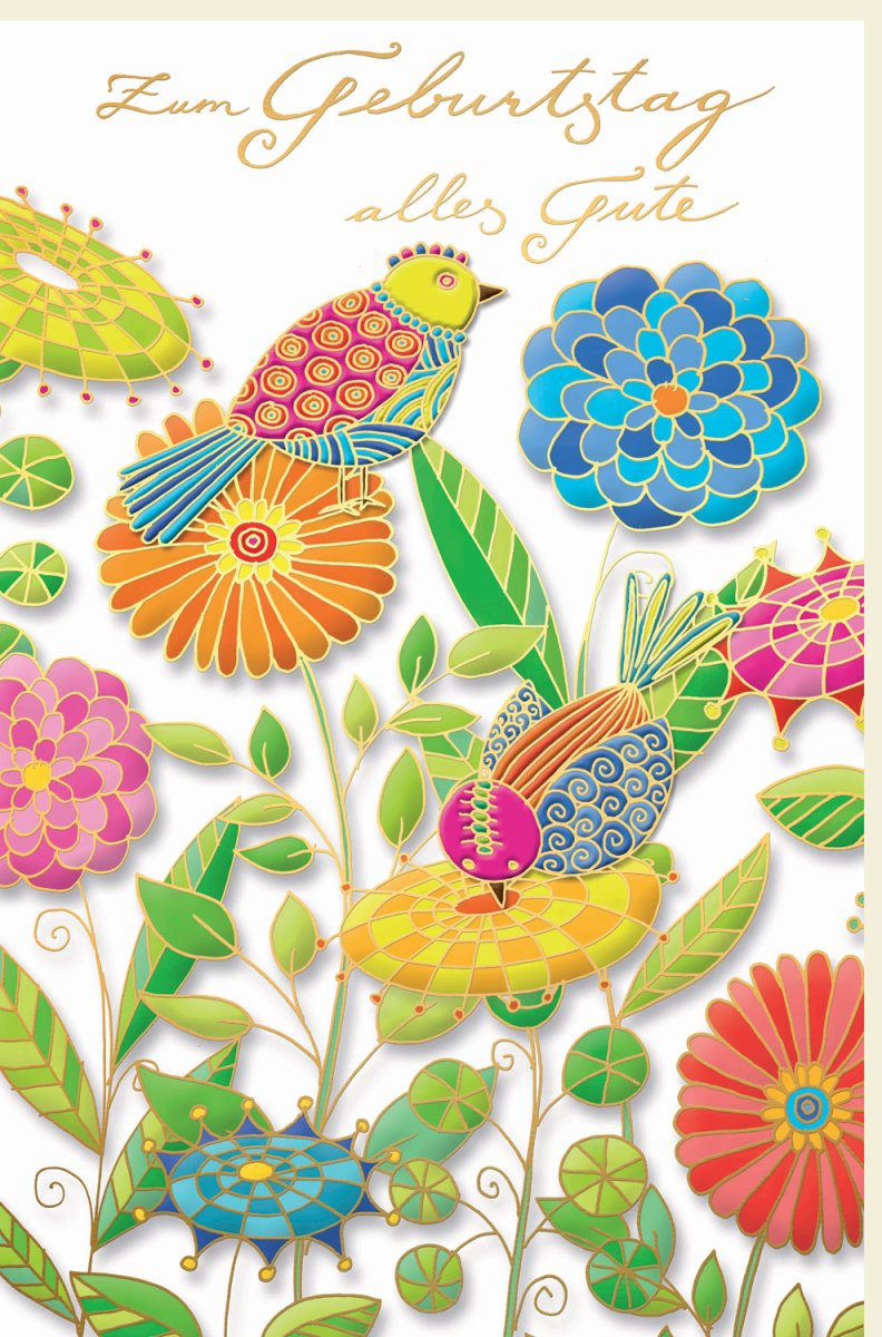 Geburtstagskarte - Bunte Vögel & Blumen Design, Glückwunschkarte zum Geburtstag, Edle Gratulationskarte mit Grußbotschaft, Hochwertige Papeterie für Feierlichkeiten, Festliche Geschenkkarte "Happy Birthday" mit Glückwunsch - Doppelkarte mit Umschlag